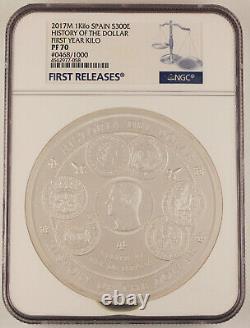 Spain 2017 M HISTORY OF THE DOLLAR Kilo Gram 32.15 Oz Silver Proof Coin NGC PF70