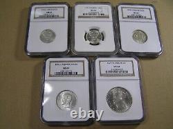 Sweden Lot of 5 NGC Graded Silver Coins, 1926 to 1938, MS65, MS64 (2), MS63 (2)