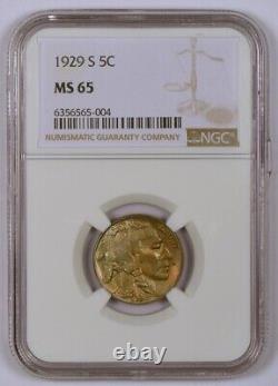 Toned 1929-S Buffalo Nickel Coin from the San Francisco Mint Graded MS65 by NGC