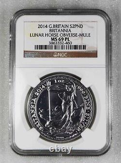 UK 2014 Britannia Mule Error Lunar Horse Obverse NGC MS69 PL Silver Coin 1037