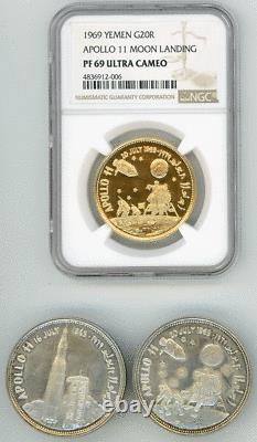 Yemen 1969 APOLLO 11 MOON LANDING NGC-PF69 UC gold, 2 silver coins withbox + COA